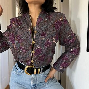 Vintage 90s quilted bomber‎ blazer floral purple retro romantic size 14